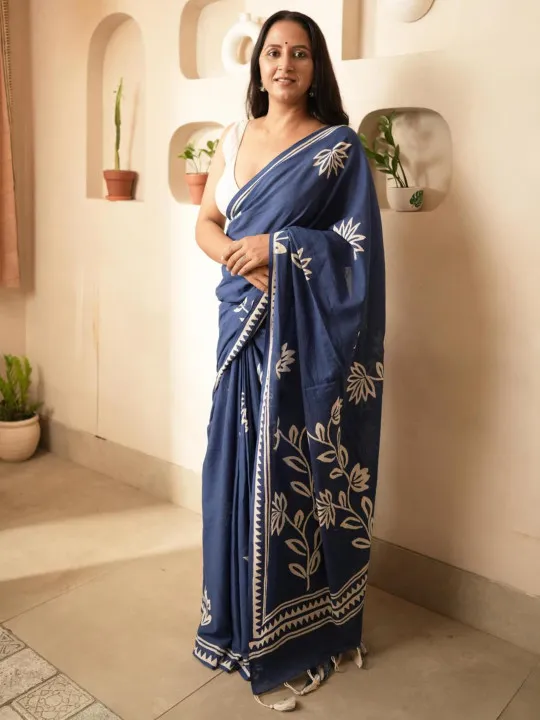 Floral Pure Cotton Block Print Saree - Image 2