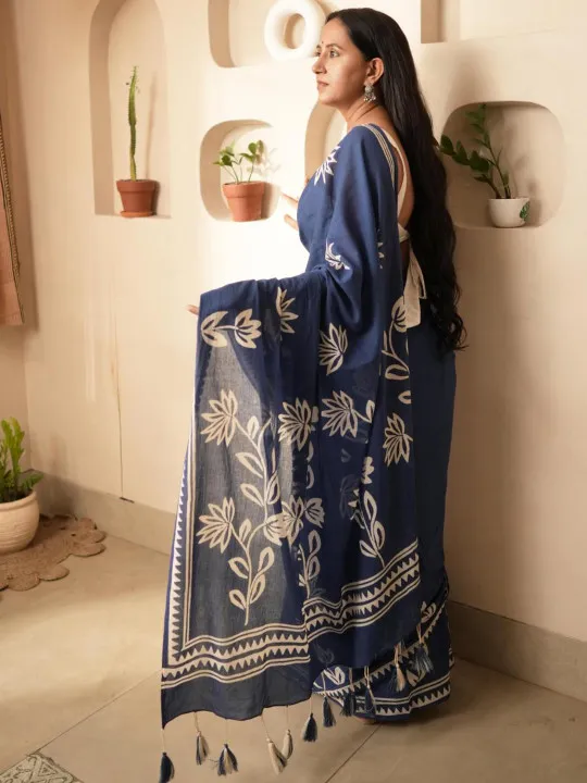 Floral Pure Cotton Block Print Saree - Image 3