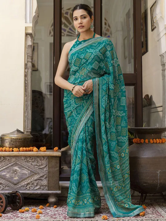 Teal Bandhani Printed Saree - Image 4