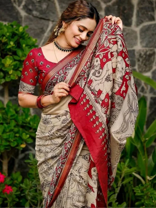 Kalamkari Pure Linen Designer Saree - Image 2
