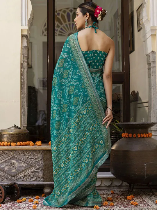 Teal Bandhani Printed Saree - Image 2