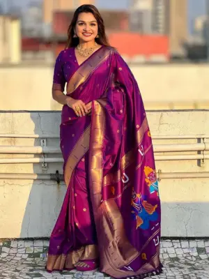 Ethnic Motifs Zari Silk Blend Paithani Saree