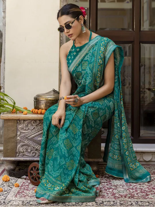 Teal Bandhani Printed Saree - Image 3