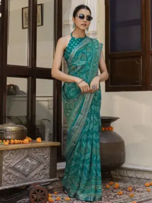 Teal Bandhani Printed Saree