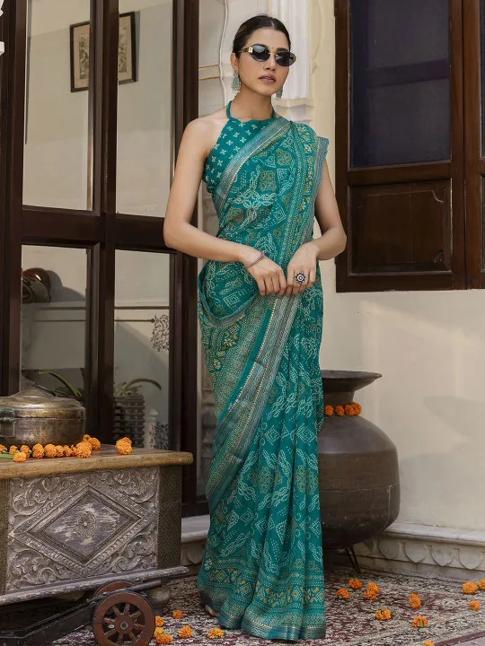 Teal Bandhani Printed Saree