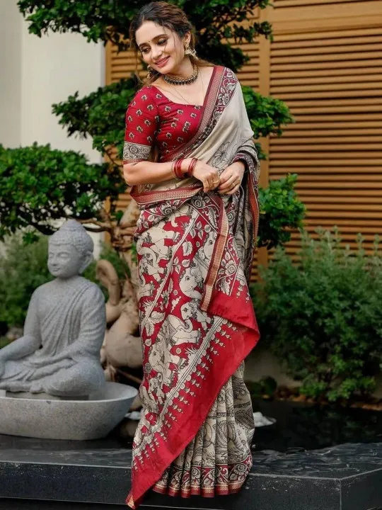 Kalamkari Pure Linen Designer Saree - Image 3