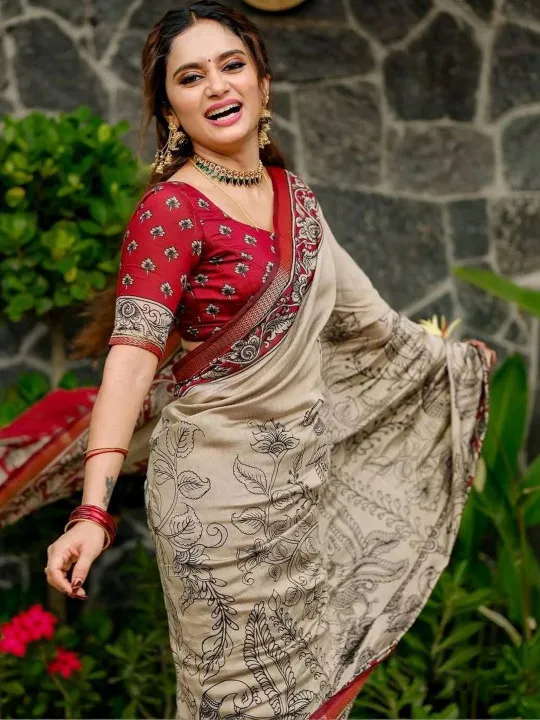 Kalamkari Pure Linen Designer Saree - Image 4